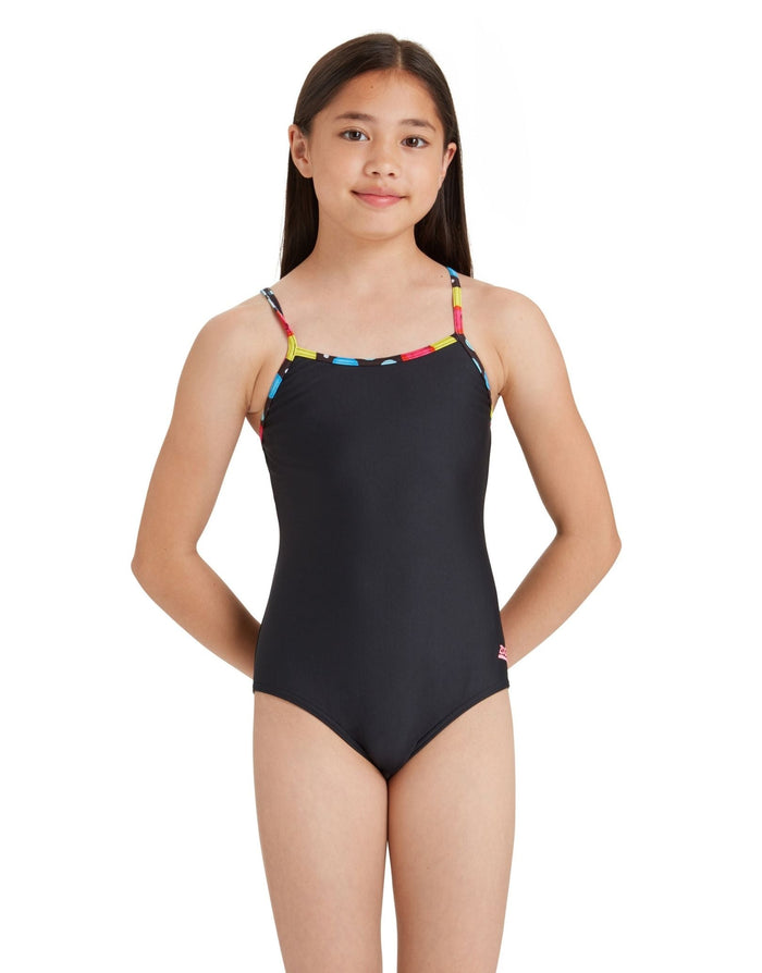 Zoggs Girls Spot Classicback black one-piece swimsuit with colorful straps