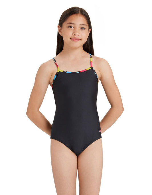 Zoggs Girls Spot Classicback black one-piece swimsuit with colorful straps