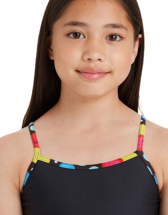 Zoggs Girls Spot Classicback black tankini top with colorful geometric pattern