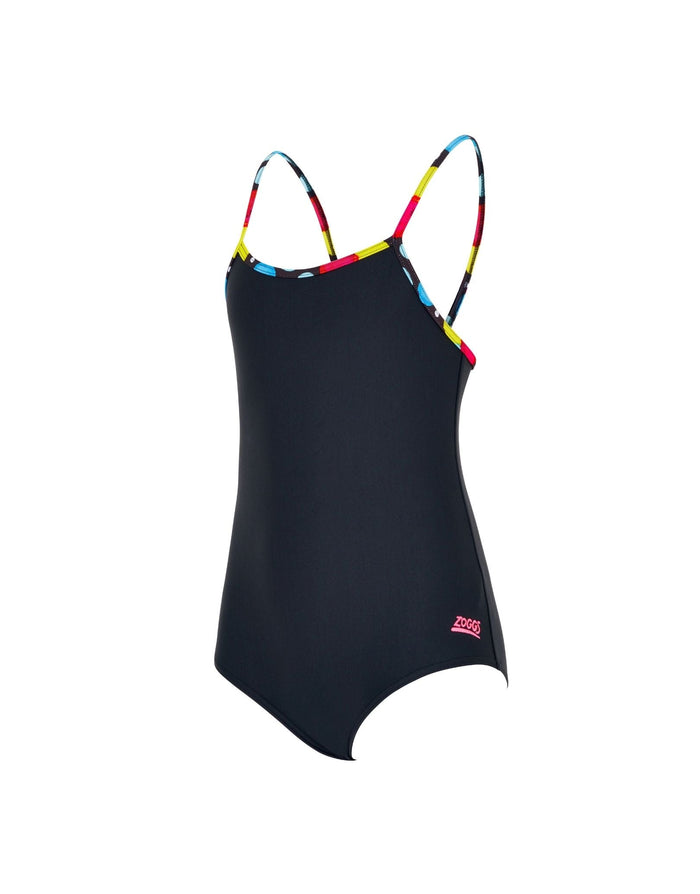 Zoggs Girls Spot Classicback black one-piece swimsuit with colorful straps