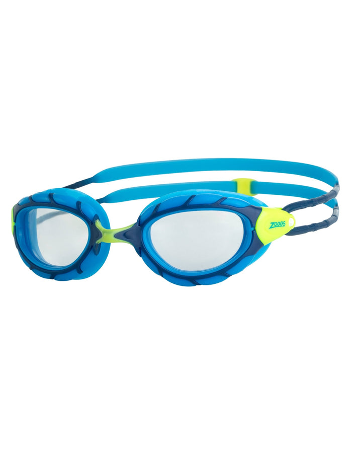 Zoggs Junior Predator Goggle with blue yellow accents clear lenses