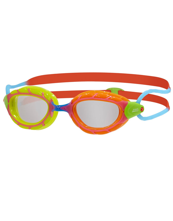 Zoggs Junior Predator goggle with orange, blue, green accents