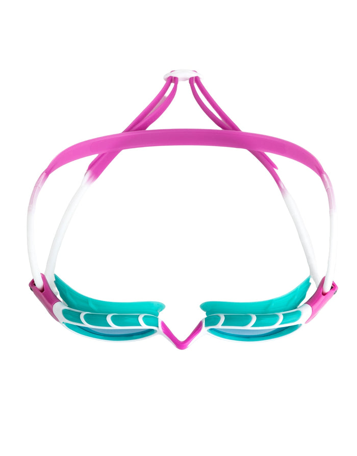 Teal and pink Zoggs Junior Predator Goggle with clear lenses, silicone strap