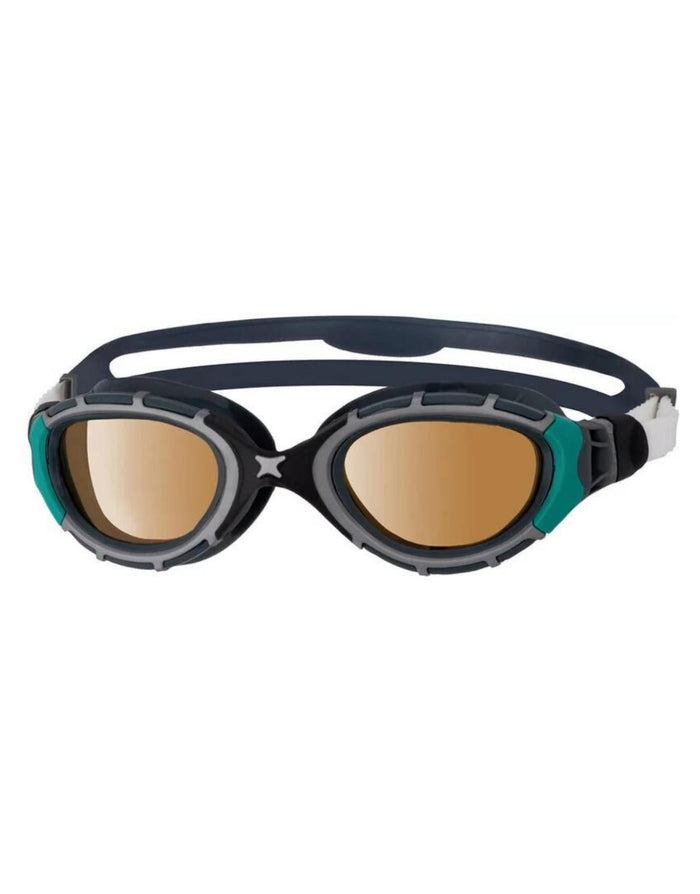 Zoggs Predator Flex Polarized Ultra Goggles in black teal frame with gold lenses