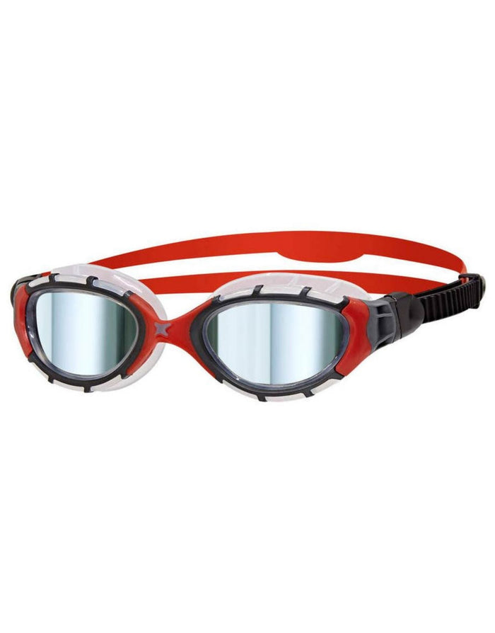 Zoggs Predator Flex Titanium mirrored swim goggles with red and white frame and silver lenses for clear underwater vision