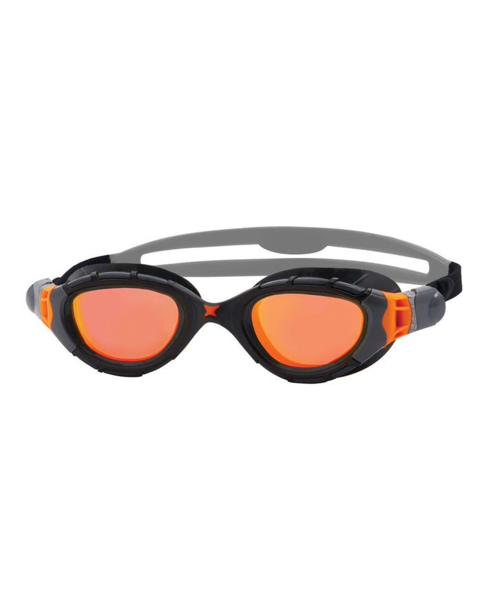 Sleek black and orange Zoggs Predator Flex Titanium mirrored swim goggles